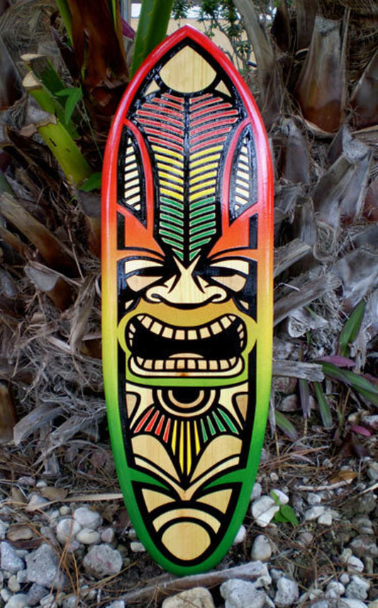 Kane Rasta Tribal Tiki Wood Surfboard Wall Art & Decor | Customizable | Wood Surfboard Decor, Beach House Decor, Coastal Decor, Beach Vibes