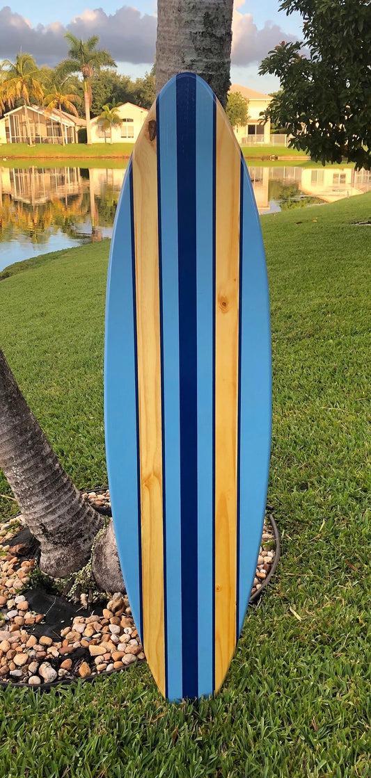 Blue Pinstripe Surfboard Wall Art & Decor | Customizable | Wood Surfboard Decor, Beach House Decor, Coastal Decor