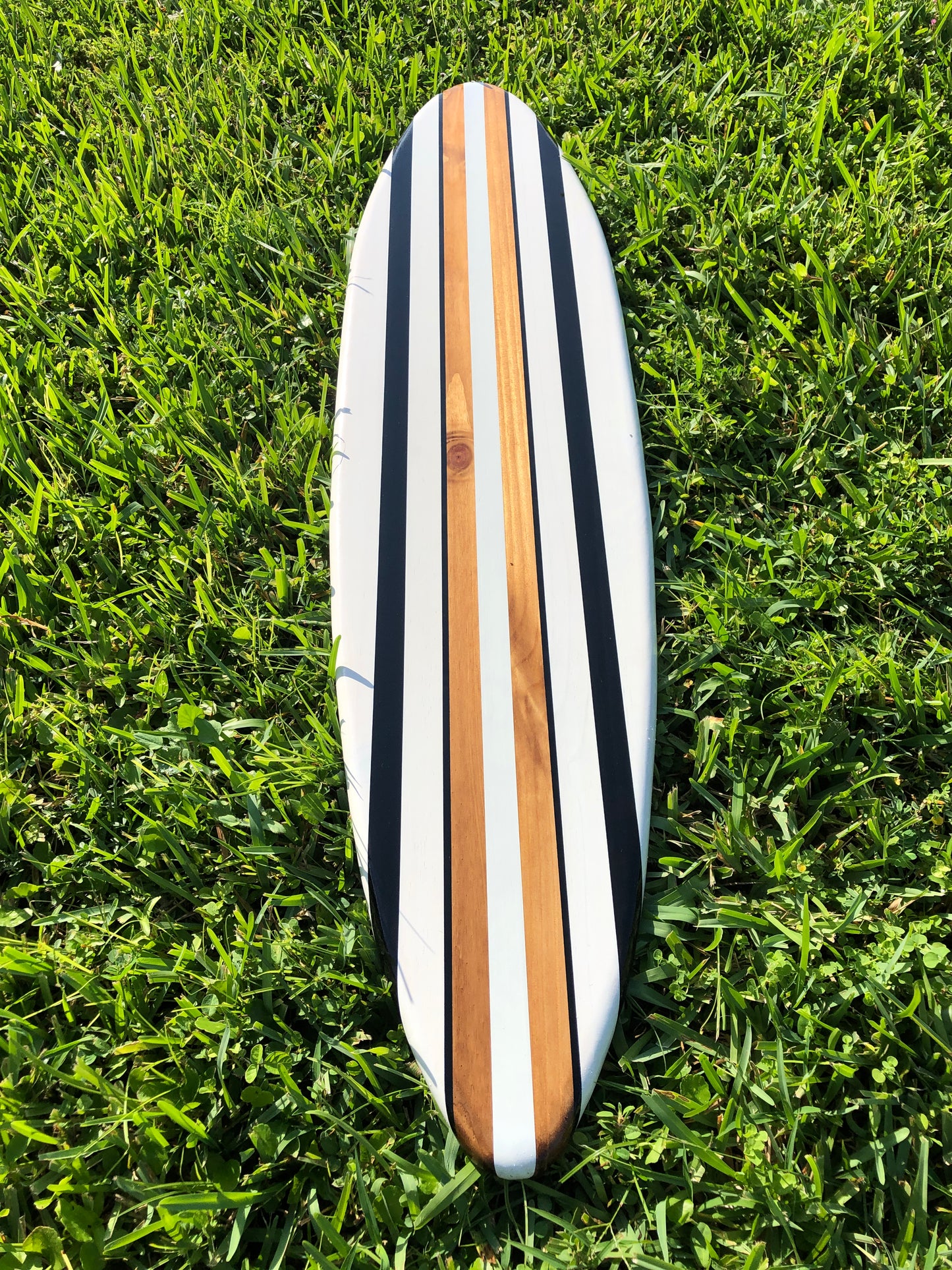 Black & White Pinstripe Vintage Style Surfboard Wall Art & Decor | Customizable | Wood Surfboard Decor, Beach House Decor, Coastal Decor
