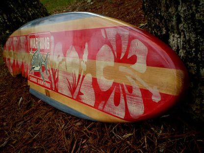 Horizontal Red Shark Bite Surfboard Wood Wall Art & Decor | Customizable | Surfboard Decor, Beach House Decor, Coastal Decor