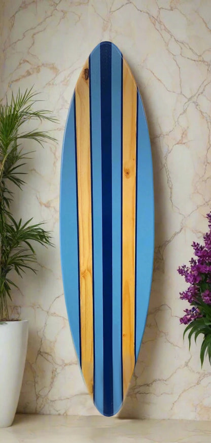 Blue Pinstripe Surfboard Wall Art & Decor | Customizable | Wood Surfboard Decor, Beach House Decor, Coastal Decor