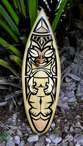 Natural Toned Tiki Wooden Surfboard Wall Art & Decor | Customizable | Surfboard Decor, Beach House Decor, Coastal Decor