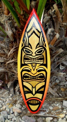 Tropical Tiki Vertical Wood Surfboard Decorative Wall Art- Tropical Tribal Beach House Tiki Decor- Tiki Bar Decoration