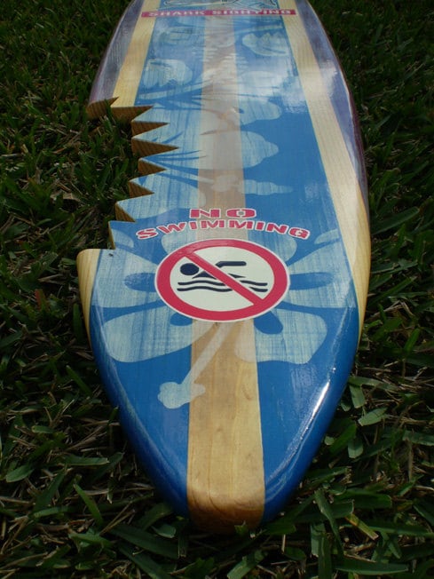 Vertical Blue Shark Bite Vintage Distressed Style Surfboard Wooden Wall Art & Decor | Customizable | Surfboard Decor, Beach House Decor, Coastal Decor