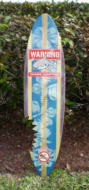 Vertical Blue Shark Bite Vintage Distressed Style Surfboard Wooden Wall Art & Decor | Customizable | Surfboard Decor, Beach House Decor, Coastal Decor