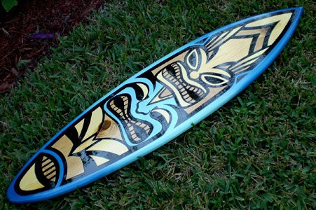 Blue Tiki Surfboard Decorative Wall Art, Vertical- Customizable- Solid Wood Surfboard Design, Interior Design, Tiki Bar Decor, Beach House