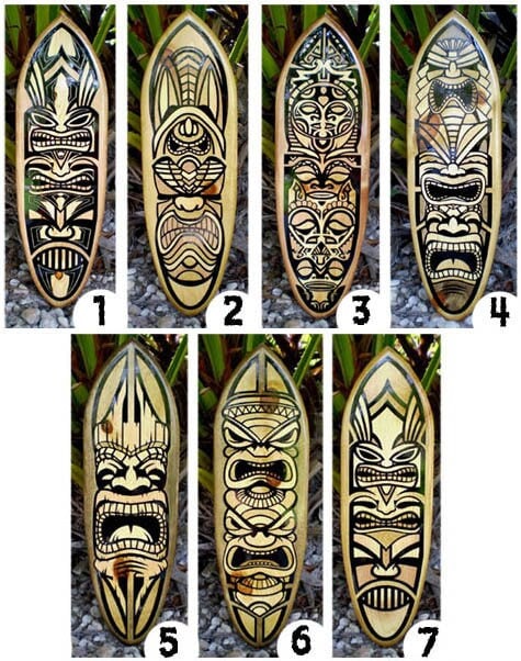 Natural Toned Tribal Tiki Vertical Wood Surfboard Decorative Wall Art- Tropical Tribal Beach House Tiki Decor