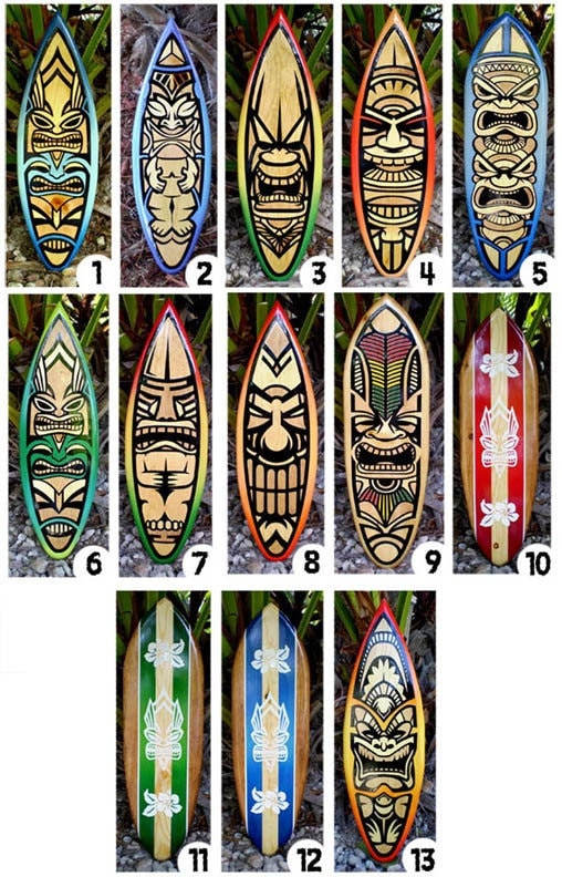 Tropical Tiki Vertical Wood Surfboard Decorative Wall Art- Tropical Tribal Beach House Tiki Decor