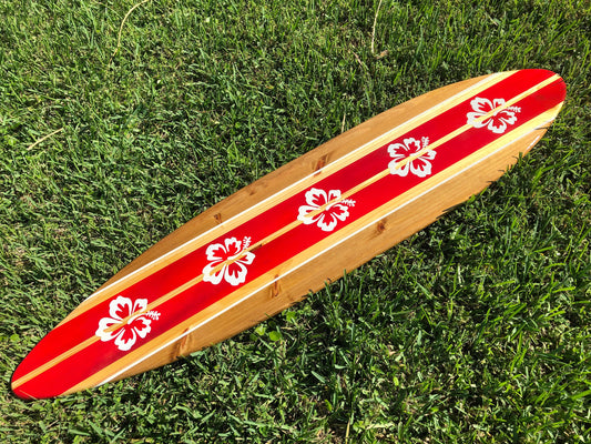 5 Flower Special- Red Classic Wooden Surfboard Artwork Wall Decor- 2-6 foot Sizes Available- Beach House Decor, Office Decor, Beach Vibes
