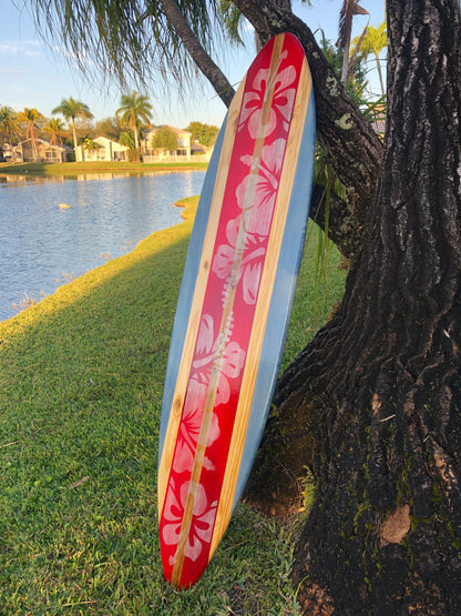 Vintage Red Distressed Surfboard Wall Art & Decor | Customizable | Wood Surfboard Decor, Beach House Decor, Coastal Decor, Flower Surfboard