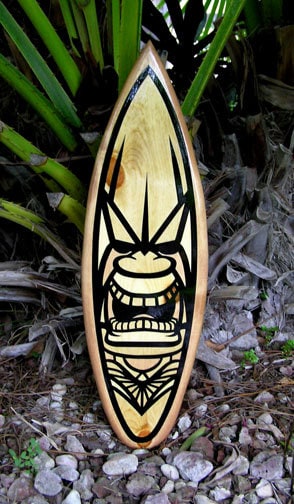 Tropical Tiki Vertical Wood Surfboard Decorative Wall Art- Tropical Tribal Beach House Tiki Decor- Tiki Bar Decoration